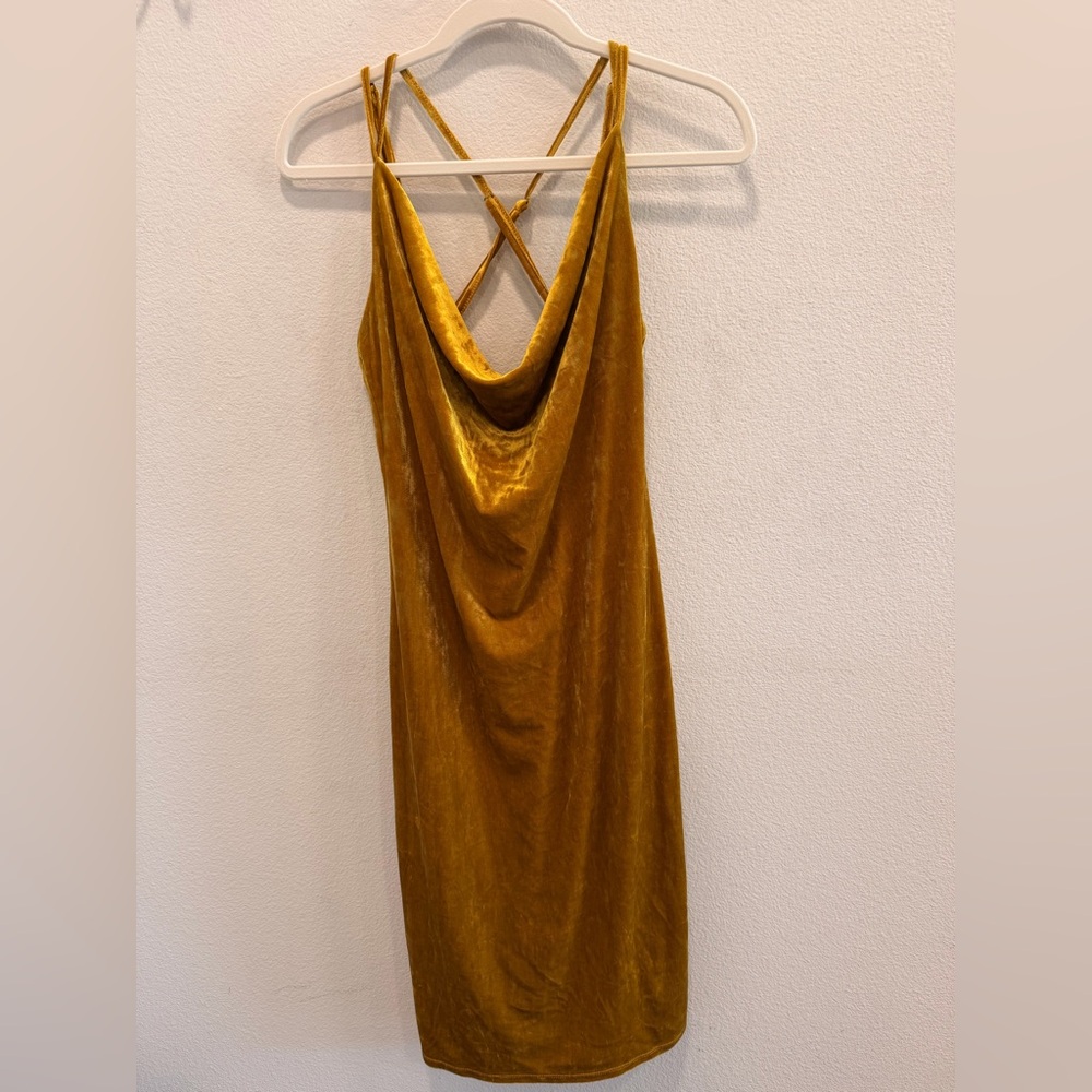 BCBGeneration Golden Mustard Yellow CrissCross Back Velvet Dress